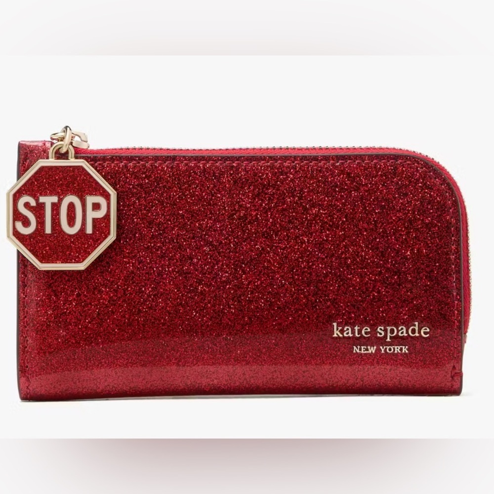 Kate Spade ♠️ Detour Red Glitter Patent Leather Small Slim Bifold Wallet